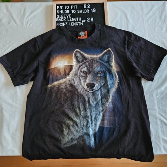 Rock Eagle Classic T Shirt Men US L EUR42-44 Black Lone Wolf Print SS Y2K Grunge - Picture 10 of 10